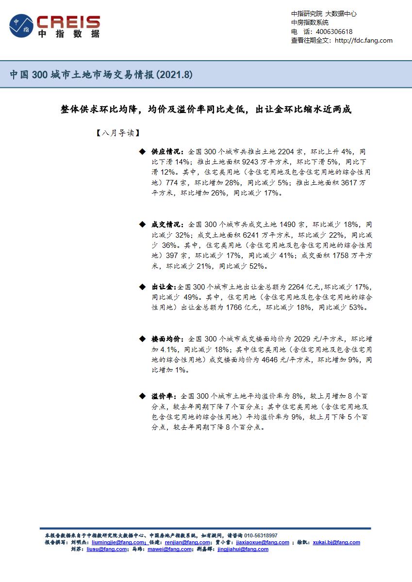 【月报】2021年8月中国300城市土地市场交易情报【pdf】